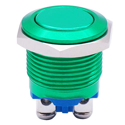 Twidec / 16mm Waterproof Green Metal Shell Momentary Flat Push Button Switch 3A/12~250V SPST 1NO Start Button for car Modification Switch（Quality Assurance for 1 Years） M-16-G-P