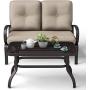 Giantex 2 Pcs Patio Loveseat with Coffee Table Outdoor Bench with Cushion and Metal Frame, Loveseat Furniture Set Sofa for Garden, Yard, Patio or Poolside