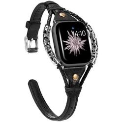 Wearlizer Black Leather Compatible with Apple Watch Bands 38mm 40mm for iWatch SE Womens Handmade Twist Strip Strap with Bronze Rivet Rope Wristband Stylish Bracelet (Silver Clasp) Series 6 5 4 3 2 1