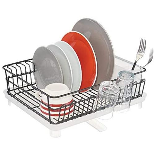 mDesign Large Metal Kitchen Countertop, Sink Dish Drying Rack - Removable Plastic Cutlery Tray, Drainboard with Adjustable Swivel Spout - 3 Pieces - Black Wire/Clear Frost