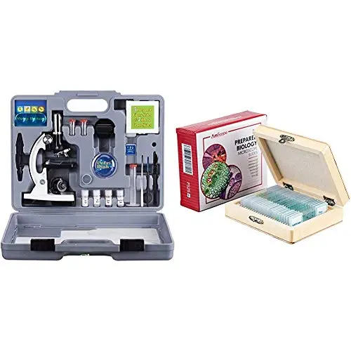 AmScope 120X-1200X 52-pcs Kids Beginner Microscope STEM Kit with Metal Body Microscope, Plastic Slides + PS25 Prepared Microscope Slide Set for Basic Biological Science Education, 25 Slides AmScope 120X-1200X 52-pcs Kids Beginner Microscope STEM Kit with Metal Body Microscope, Plastic Slides + PS25 Prepared Microscope Slide Set for Basic Biological Science Education, 25 Slides