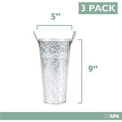 Galvanized Metal Vase 3 Pack - 9 Inch Tall Rustic Farmhouse Bucket Planter Pots for Decor