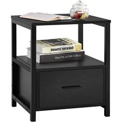 VECELO Modern Nightstand with Drawer Square End, Side Table for Bedroom, Living Room, Small Space, Night Stand with Open Shelf, Stable Metal Frame, Black