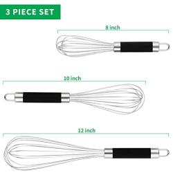 DRAGONN Set of 3 Stainless Steel Silicone handles. Milk & Egg Beater Balloon Metal Blending, Beating and Stirring. Whisk