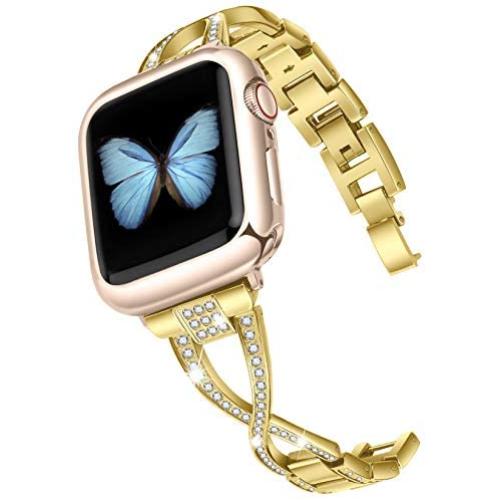 JSGJMY Bling Bands Compatible with Apple Watch Band 38mm 40mm 42mm 44mm Series 5/4/3/2/1 Women Diamond Rhinestone X-Link Metal Jewelry Bracelet(Gold+Rose Gold Adapters, 38mm/40mm)