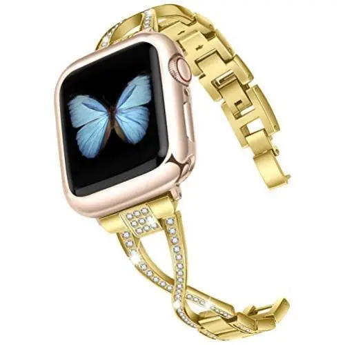 JSGJMY Bling Bands Compatible with Apple Watch Band 38mm 40mm 42mm 44mm Series 5/4/3/2/1 Women Diamond Rhinestone X-Link Metal Jewelry Bracelet(Gold+Rose Gold Adapters, 38mm/40mm)