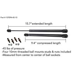 2 Truck Upfitters 16'' Gas Props (15.7'' extended, 9.4'' compressed, 45 pounds of pressure ea) for ARE, ATC, Snugtop, Leer Camper Shell/Truck Cap Rear Door. MEASUREMENT REQUIRED! Incl 4 ball mounts!