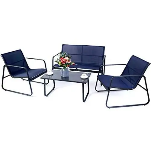 Kozyard Sofia 4 Pieces Patio/Outdoor Conversation Set with Strong Powder Coated Metal Frame, Breathable Textilence, Includes One Love Seat, Two Chairs and One Table (Navy Blue)