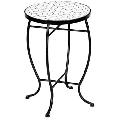 VINGLI Mosaic Outdoor Side Table, 14'' Round End Table, Accent Table,Glass Top Black Iron,White Cloud