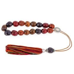 Multi-Color Nutmeg Seed, Handmade Greek Worry Beads or Komboloi with Alpaca Metal Parts on Pure Silk Cord & Tassel, Length 34cm (13.4)