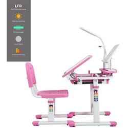 Ubbie Kids Desk and Chair Set,Height Adjustable Children Study Desk with Tilt Desktop & Metal Hook & LED Light & Bookstand and Storage Drawer for Boys Girls Pink