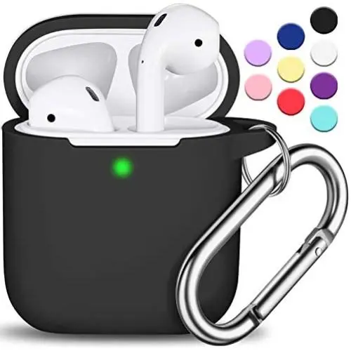 AirPods Case Cover with Keychain, Full Protective Silicone AirPods Accessories Skin Cover for Women Girl with Apple AirPods Wireless Charging Case,Front LED Visible-Black