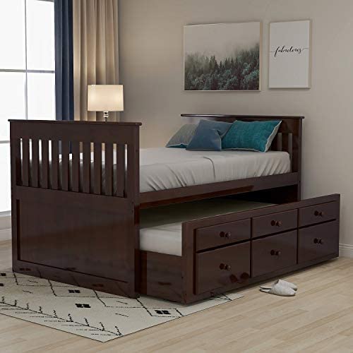 Storage Twin Daybed with Trundle and 3 Storage Drawers Platform Bed Frame with Headboard Footboard Kids Bed (Dark Espresso)