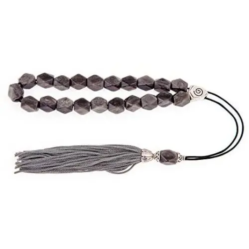 Grey Obsidian Gemstone (Edged Beads), Handmade Greek Worry Beads or Komboloi with Alpaca Metal Parts on Pure Silk Cord & Tassel, Length 34cm (13.4) Grey Obsidian Gemstone (Edged Beads), Handmade Greek Worry Beads or Komboloi with Alpaca Metal Parts on Pure Silk Cord & Tassel, Length 34cm (13.4)