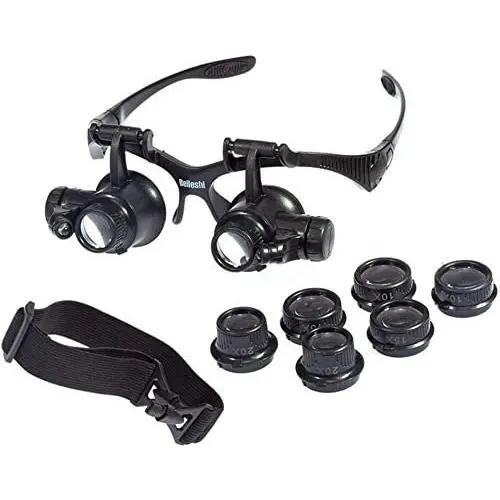 Beileshi Glasses Magnifier 10x 15x 20x 25x LED Illumination Double Eyes Jewelry Magnifying Loupe Eyeglass Repair Tools for Miniature Engraving