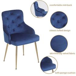 FCQuality Velvet Vanity Chair with Tufted Back Gold Metal Legs Dining Chair Mid Century Modern Upholstered Accent Desk Chair for Living Room Home Office Bedroom, Cobalt/Royal Blue