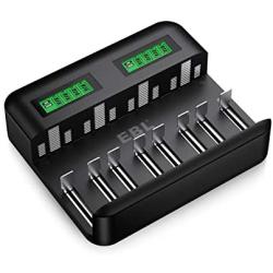 EBL LCD Universal Battery Charger - 8 Bay AA AAA C D Battery Charger for Rechargeable Batteries Ni-MH AA AAA C D Batteries with 2A USB Port, Type C Input, Fast AA AAA Battery Charger