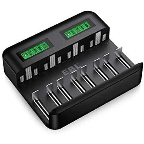 EBL LCD Universal Battery Charger - 8 Bay AA AAA C D Battery Charger for Rechargeable Batteries Ni-MH AA AAA C D Batteries with 2A USB Port, Type C Input, Fast AA AAA Battery Charger