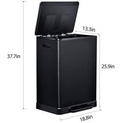 Black Stainless Steel Step Trash Can - 16 Gallon Garbage Bin with Soft Close Lid - Dual Compartment Waste Can with 30 Liters Capacity in Each - Recycling Bin by ToiletTree Products