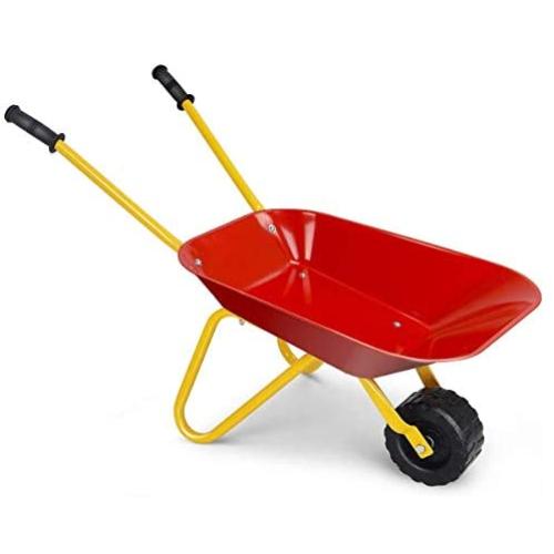 Costzon Kids Metal Wheelbarrow, Yard Rover Steel Tray, Metal Construction Toys Kart, Tote Dirt/Leaves/Tools in Garden for Toddlers, Red