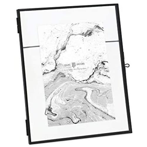 Isaac Jacobs 8x10, Black Modern Style Brass and Glass, Pressed Glass, Metal Floating Desk Photo Frame (Vertical), with Locket Closure for Pictures, Art, Mementos & Keepsakes (8x10, Black)