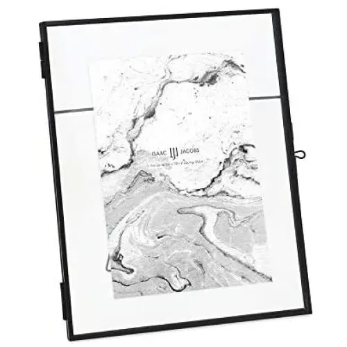 Isaac Jacobs 8x10, Black Modern Style Brass and Glass, Pressed Glass, Metal Floating Desk Photo Frame (Vertical), with Locket Closure for Pictures, Art, Mementos & Keepsakes (8x10, Black)