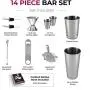 14-Piece Cocktail Shaker Set - Bar Tools - Stainless Steel Cocktail Shaker Set Bartender Kit, With All Bar Accessories, Cocktail Strainer, Double Jigger, Bar Spoon, Bottle Opener, Pour Spouts.