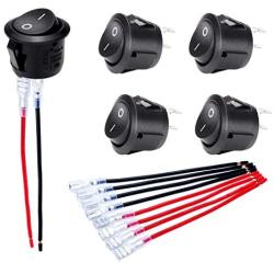 DaierTek 5pcs Circle Round Rocker Switch Wired KCD1 20mm Mini Snap Black Toggle for 12V Car Automotive 110 Volt Household 2pin ON Off SPST