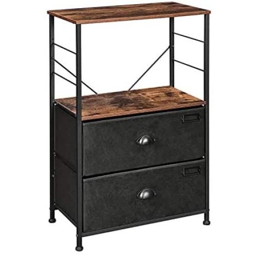 SONGMICS Nightstand, Industrial Bedside Table with 2 Fabric Drawers, Storage Shelves, Vertical Dresser Storage Tower with Wooden Top, Metal Frame, Labels, Rustic Brown and Black ULVT03H SONGMICS Nightstand, Industrial Bedside Table with 2 Fabric Drawers, Storage Shelves, Vertical Dresser Storage Tower with Wooden Top, Metal Frame, Labels, Rustic Brown and Black ULVT03H