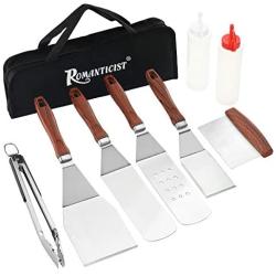 ROMANTICIST 9pc Griddle Accessories with 6.5in Extra Long Deluxe Non-Slip Handle - Premium Griddle Spatula Set in Carrying Bag for Flat Top Grill Hibachi - Perfect Grilling Gift on Birthday Wedding