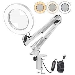 LED Magnifier Desk Lamp, 5X Magnifying Glass with Light, 3 Modes 10 Dimming, Foldable Metal Arms and Adjustable Clamp Base for Close Work Hobby Repairing Reading Crafts