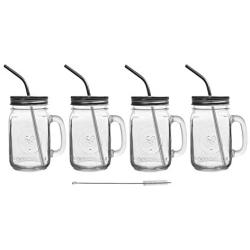 Mason Jar Mugs with Glass Handles and Metal Straws, Brimley 16oz Drinking Glasses Set of 4