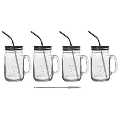 Mason Jar Mugs with Glass Handles and Metal Straws, Brimley 16oz Drinking Glasses Set of 4
