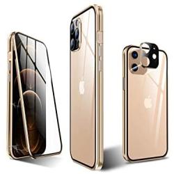 KumWum Full Body Magnetic Case for iPhone 12 Mini Front and Back Tempered Glass Aluminum Bumper Double Sided Clear Cover Built in Camera Lens Protector, Gold