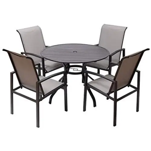 Fit Right 5 Pieces Outdoor Dining Set Patio Furniture with Metal Slat Finish, Steel Tube 38'' Round Dining Table and Patio Chairs with 1‘5“ Umbrella Hole Fit Right 5 Pieces Outdoor Dining Set Patio Furniture with Metal Slat Finish, Steel Tube 38'' Round Dining Table and Patio Chairs with 1‘5“ Umbrella Hole