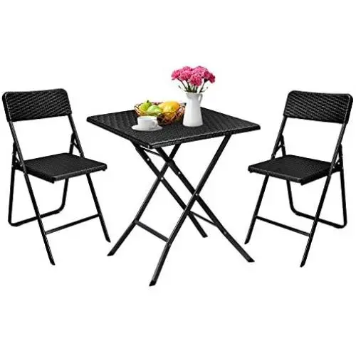 Aneken Patio Bistro Set 3 Piece, Rattan Outdoor Folding Bistro Sets of Table and Chairs, Foldable Bistro Balcony Furniture Set, Black