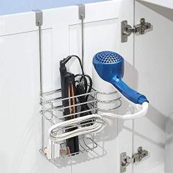 mDesign Metal Over Door Hair Care & Styling Tool Storage Organizer Basket for Hair Dryer, Flat Iron, Curling Wand, Hair Straightener, Brush - Hang Inside or Outside Cabinet Doors, 2 Sections - Chrome