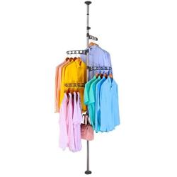 BAOYOUNI 4-Tier Standing Clothes Laundry Drying Rack Coat Hanger Organizer Floor to Ceiling Adjustable Metal Corner Tension Pole, Grey