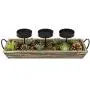 MyGift 3-Pillar Metal Candle Holders with Rustic Torched Wood Tray and Artificial Succulent/Pine Cone Decorations