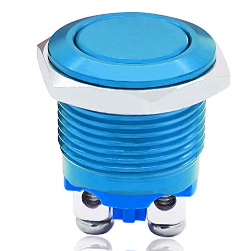 Twidec / 16mm Waterproof Blue Metal Shell Momentary Flat Push Button Switch 3A/12~250V SPST 1NO Start Button for car Modification Switch（Quality Assurance for 1 Years） M-16-BU-P