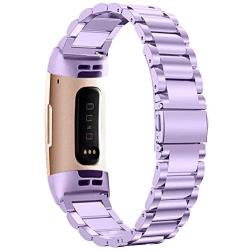 Shangpule Compatible for Fitbit Charge 3 / Fitbit Charge 4 / Fitbit Charge 3 SE Bands, Stainless Steel Metal Replacement Strap Wrist Band Compatible for Charge 3 Fitness Tracker Large Small (Purple)