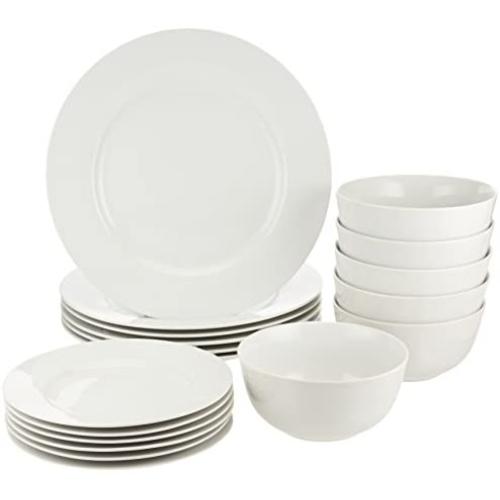 Amazon Basics 18-Piece Kitchen Dinnerware Set, Dishes, Bowls, Service for 6, White