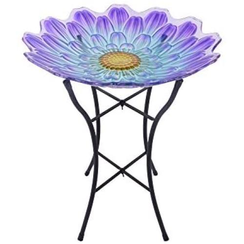 Peaktop Garden Handpainted Flower Fusion Glass Birdbath With Metal Stand, 21.2'' Height, Purple/Light Blue