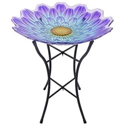 Peaktop Garden Handpainted Flower Fusion Glass Birdbath With Metal Stand, 21.2'' Height, Purple/Light Blue Peaktop Garden Handpainted Flower Fusion Glass Birdbath With Metal Stand, 21.2'' Height, Purple/Light Blue