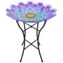 Peaktop Garden Handpainted Flower Fusion Glass Birdbath With Metal Stand, 21.2'' Height, Purple/Light Blue