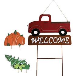 MorTime Hanging Train Welcome Sign with Pumpkin or Christmas Tree, 15'' Metal Train Yard Garden Stake Decor, DIY Thanksgiving Christmas Decorations