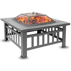 Sibosen Fire Pit, 32'' Fire Pits Outdoor Wood Burning Square Metal Firepit Table w/Mesh Spark Screen, BBQ Grill, Log Grate, Poker, Firepit Cover for Camping Picnic Bonfire Patio Backyard Garden