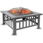 Sibosen Fire Pit, 32'' Fire Pits Outdoor Wood Burning Square Metal Firepit Table w/Mesh Spark Screen, BBQ Grill, Log Grate, Poker, Firepit Cover for Camping Picnic Bonfire Patio Backyard Garden