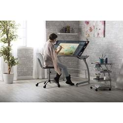 SD STUDIO DESIGNS Triflex Drawing Table, Sit to Stand Up Adjustable Office Home Computer Desk, 35.25'' W X 23.5'' D, Silver/Blue Glass