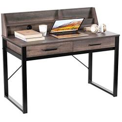 HOMECHO Writing Computer Desk Wooden Desktop Study Table Vintage Laptop Standing Desk with Storage Drawers and Shelves Wood and Metal Frame for Home Office Brown